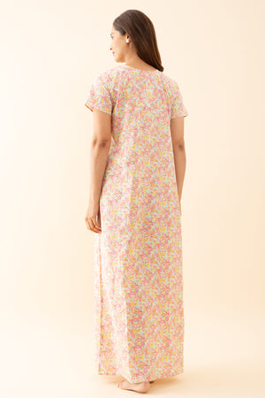 Buttercup Floral Printed Nighty with Stripes Printed Yoke Pink
