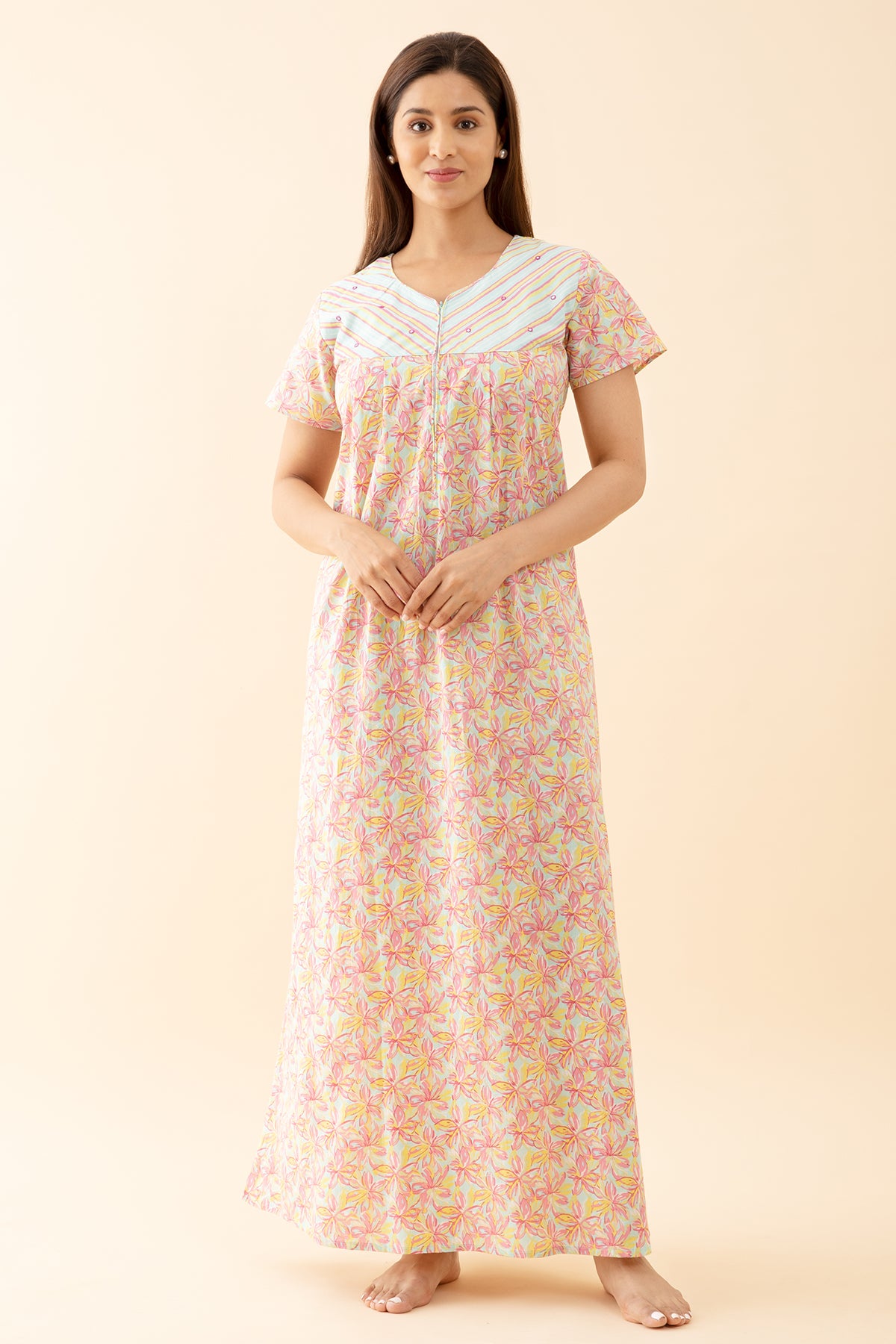 Buttercup Floral Printed Nighty with Stripes Printed Yoke Pink
