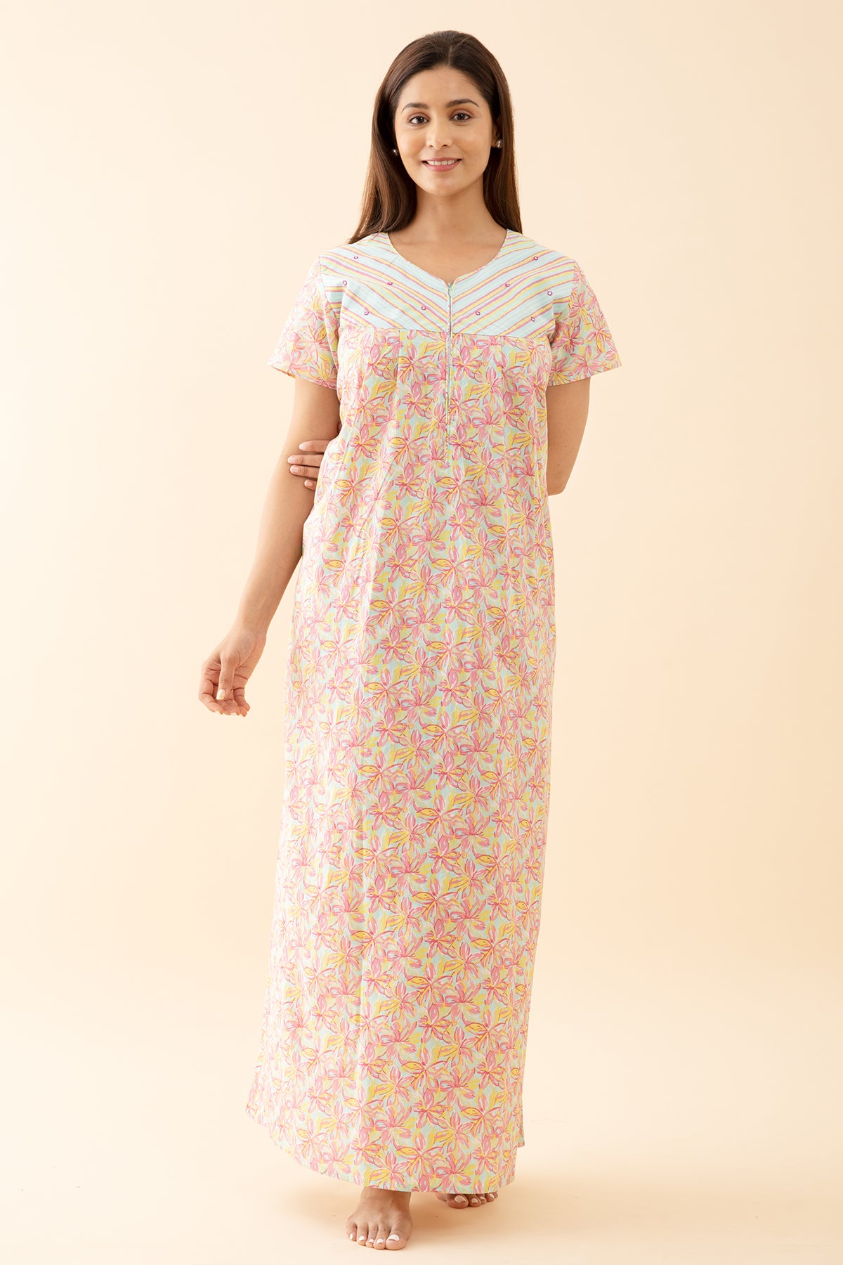 Buttercup Floral Printed Nighty with Stripes Printed Yoke Pink
