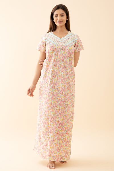 Buttercup Floral Printed Nighty with Stripes Printed Yoke Blue
