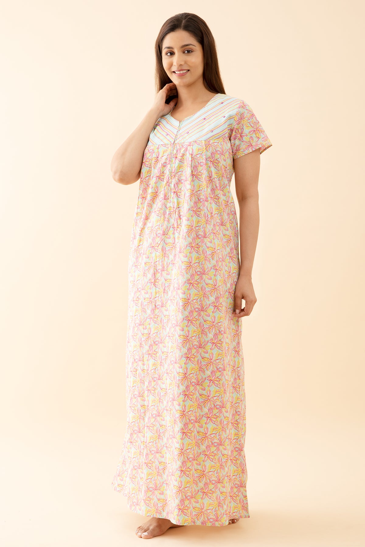 Buttercup Floral Printed Nighty with Stripes Printed Yoke Blue