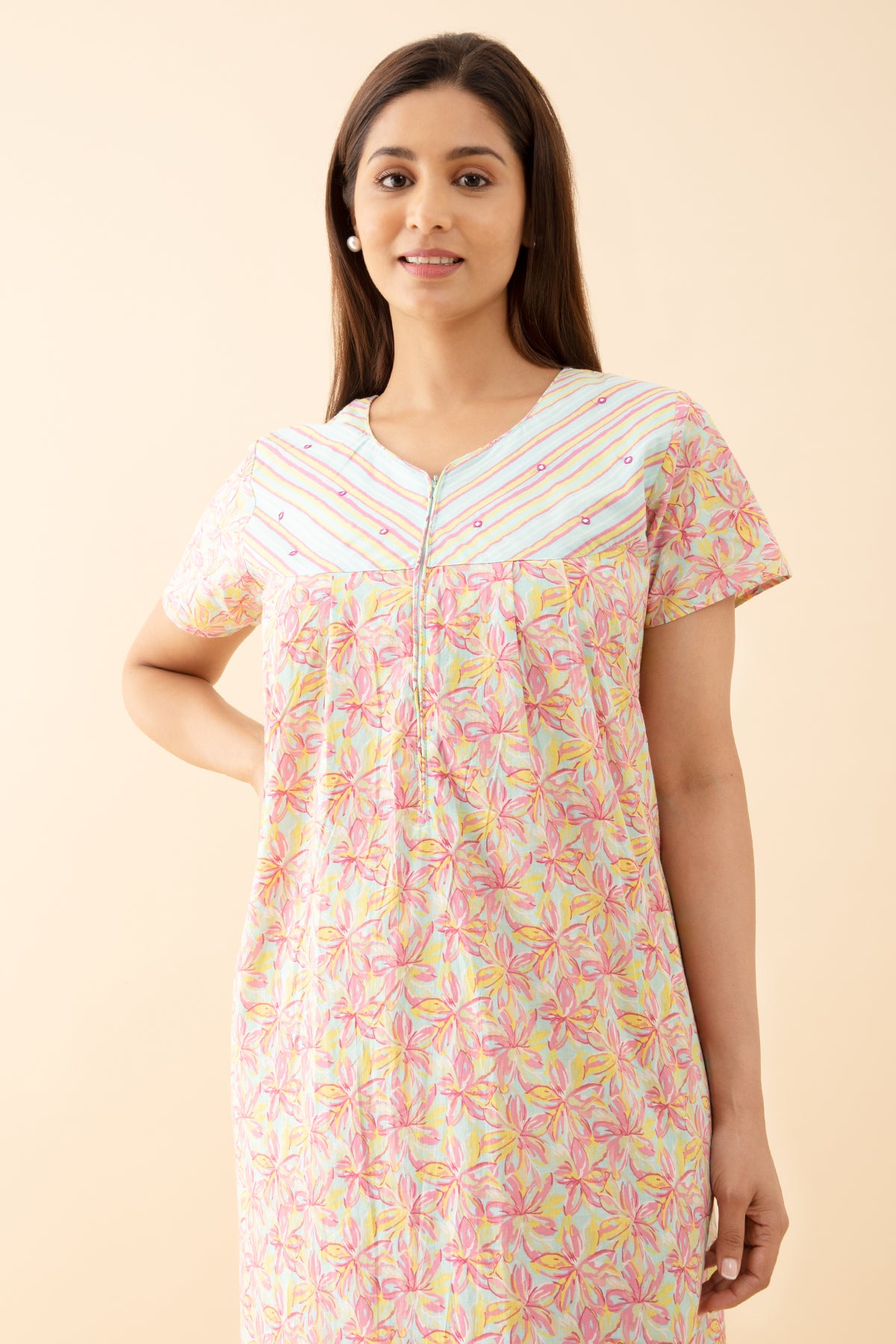 Buttercup Floral Printed Nighty with Stripes Printed Yoke Pink
