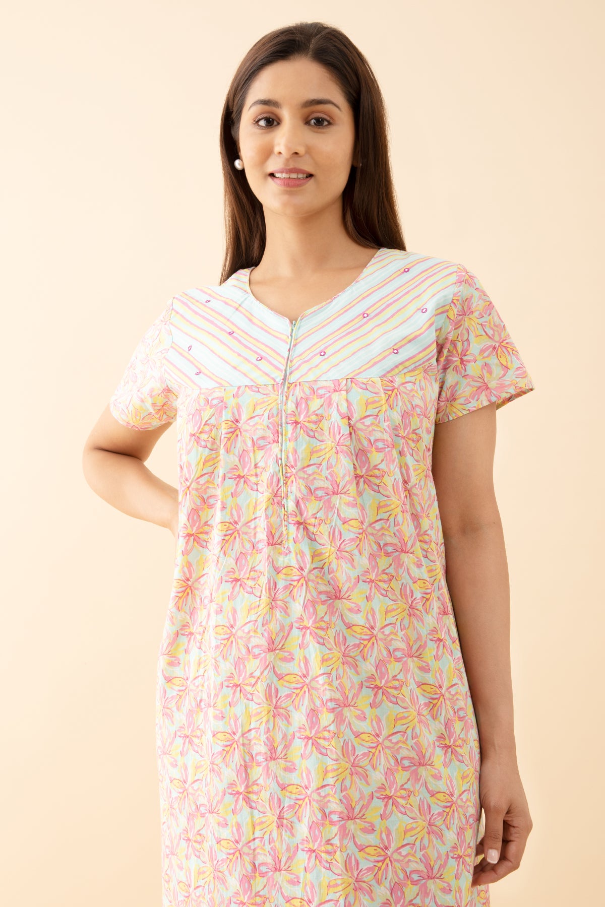 Buttercup Floral Printed Nighty with Stripes Printed Yoke - Blue