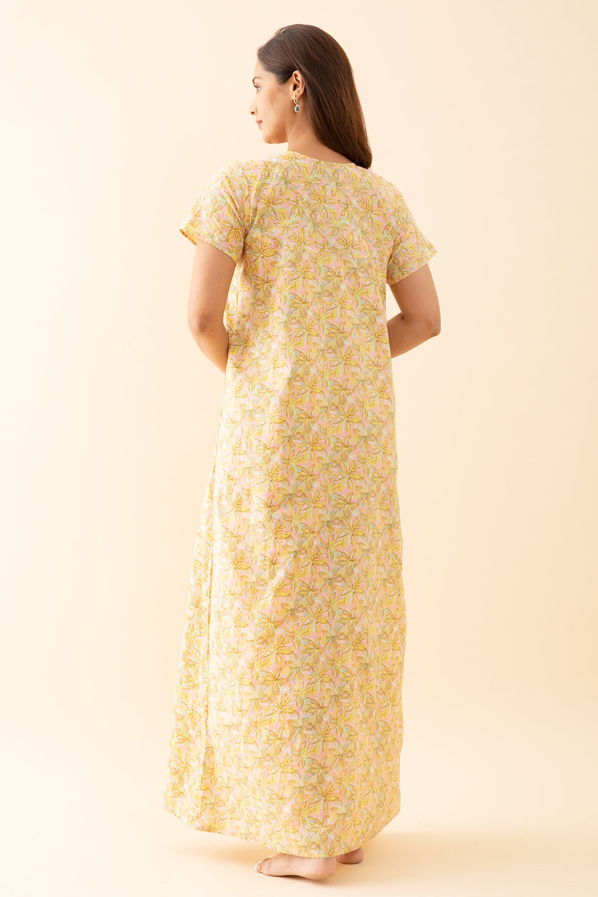 Buttercup Floral Printed Nighty with Stripes Printed Yoke Pink