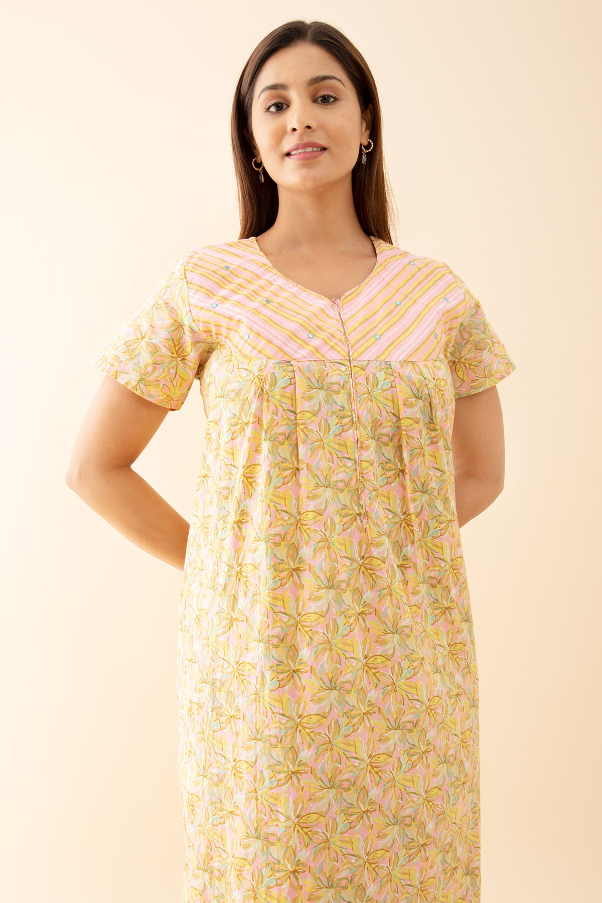 Buttercup Floral Printed Nighty with Stripes Printed Yoke Pink