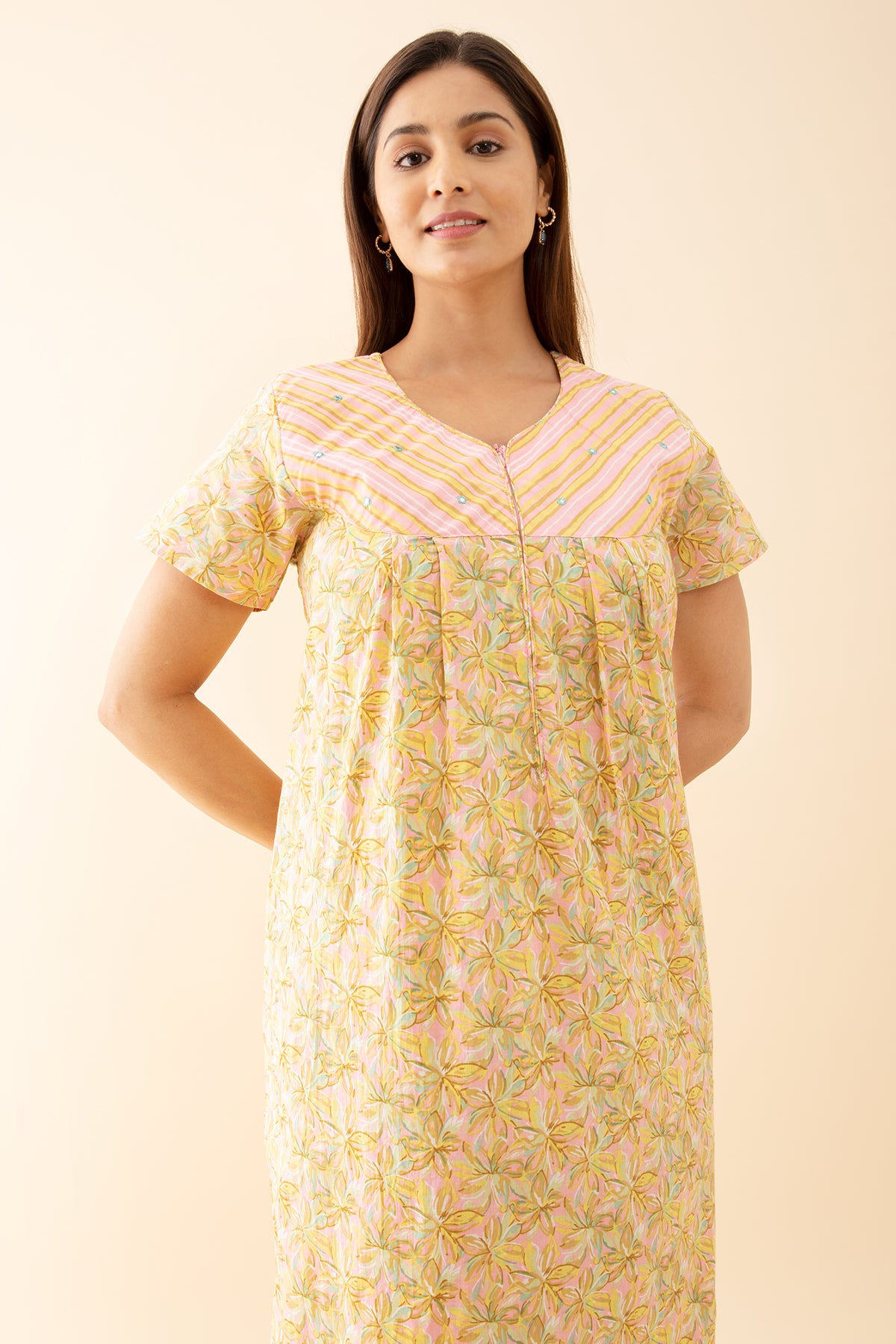 Buttercup Floral Printed Nighty with Stripes Printed Yoke - Pink
