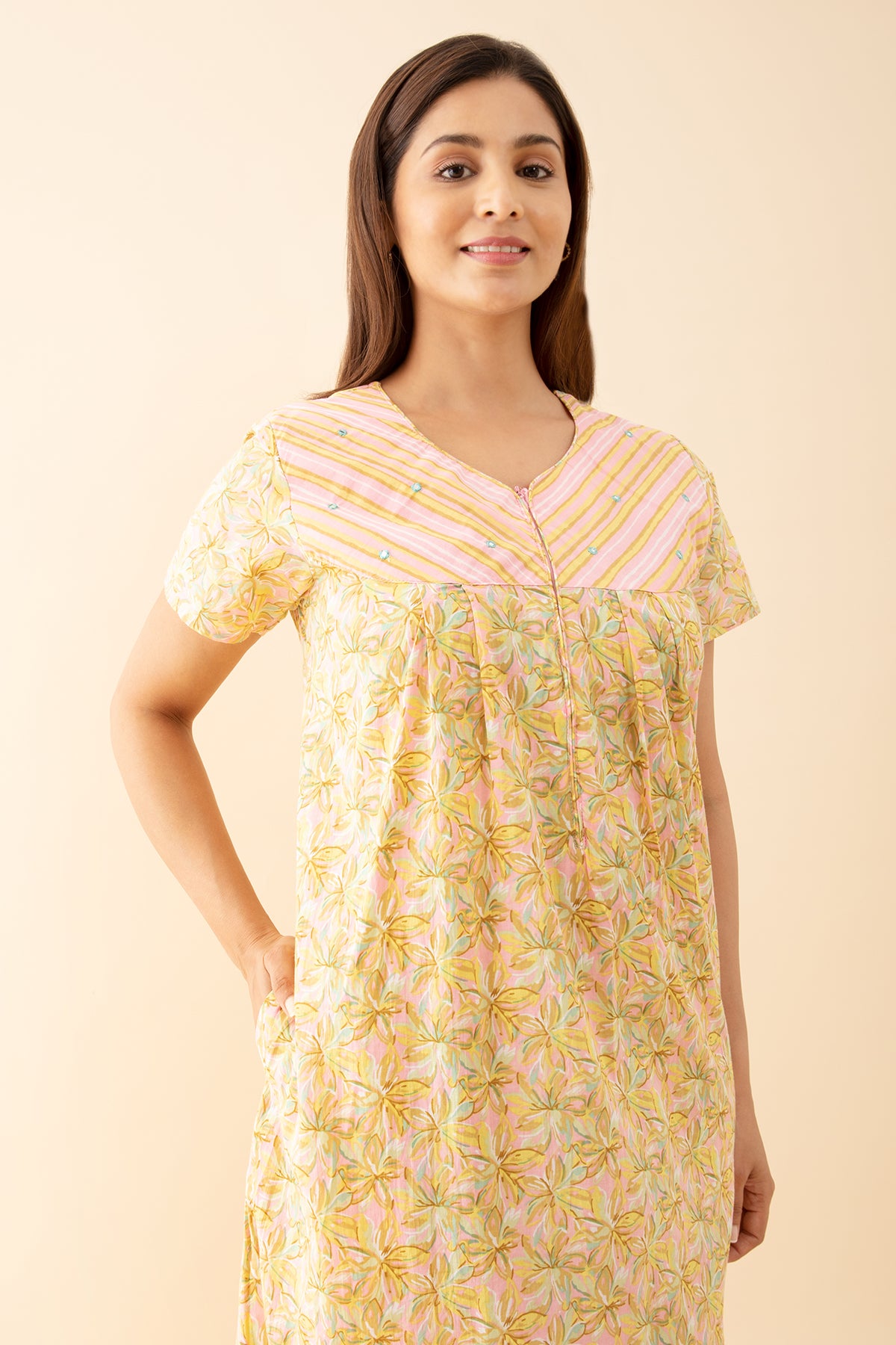 Buttercup Floral Printed Nighty with Stripes Printed Yoke - Pink