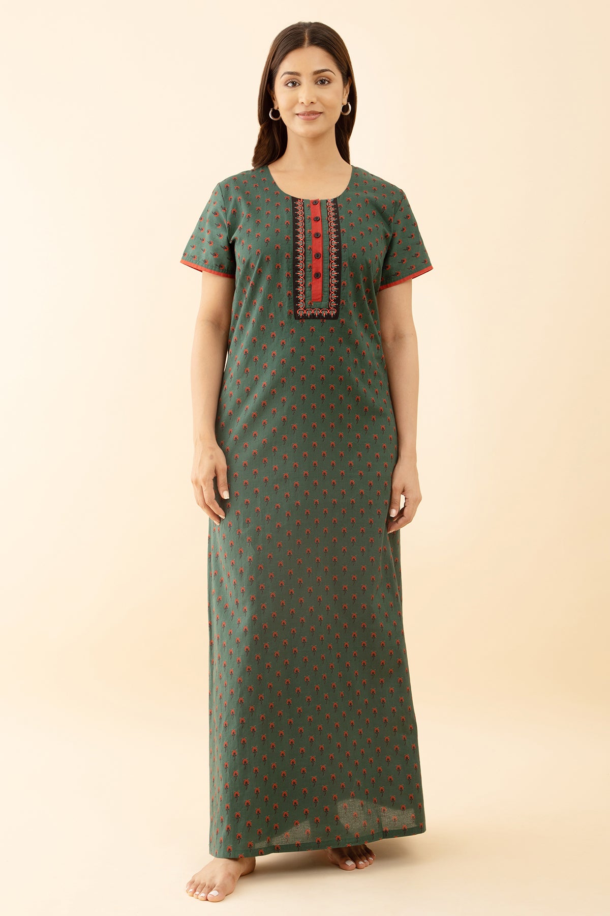 Button Green Color Ditsy Embroidered Nighty