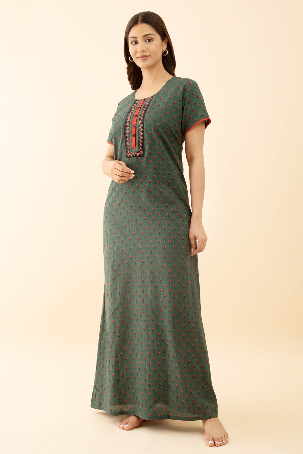 Button Green Color Ditsy Embroidered Nighty