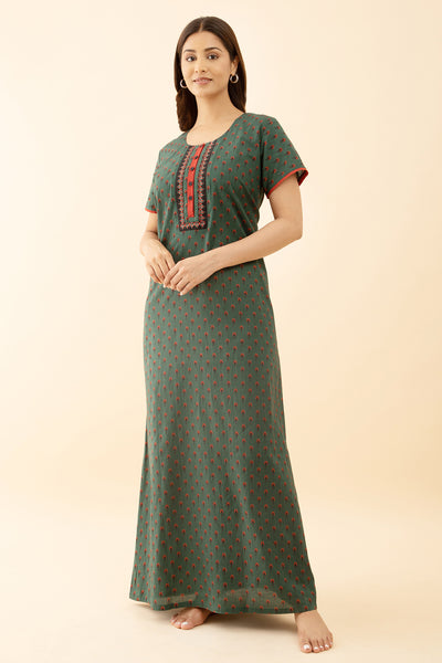 Button Green Color Ditsy Embroidered Nighty