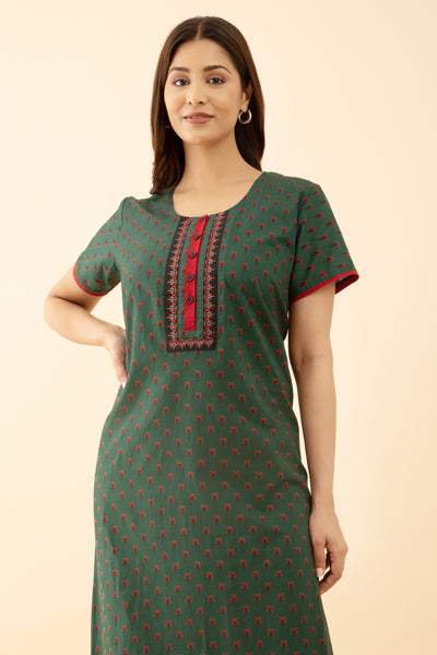 Button Green Color Ditsy Embroidered Nighty