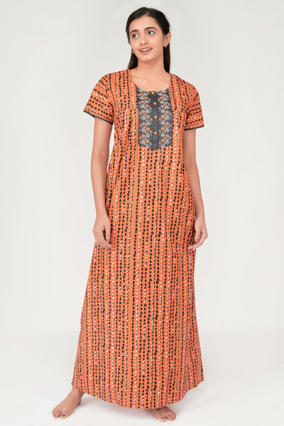 Animal Printed & Abstract Embroidered Nighty - Peach