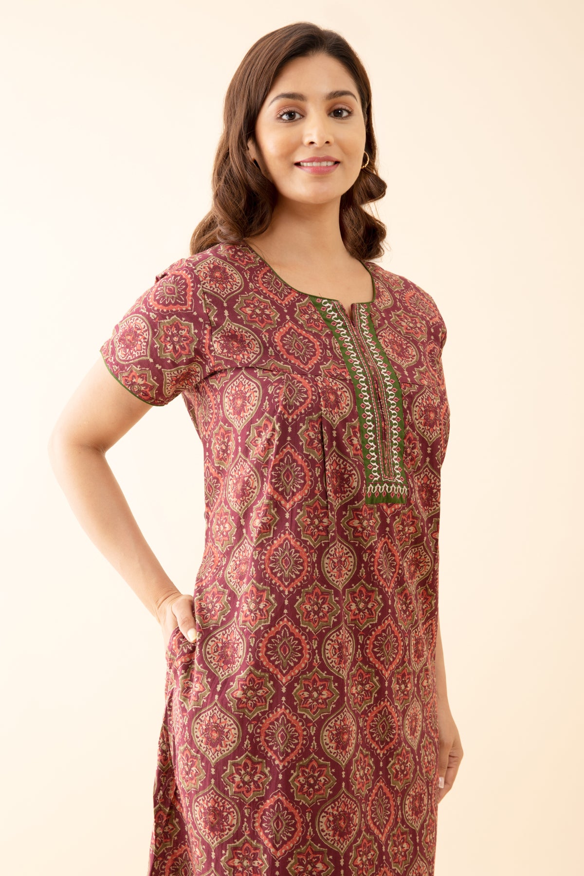 Floral Printed Nighty with Contrast Embroidered Yoke Maroon