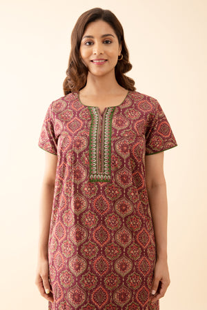 Floral Printed Nighty with Contrast Embroidered Yoke Maroon