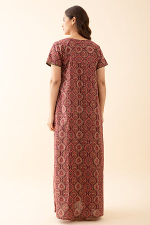 Floral Printed Nighty with Contrast Embroidered Yoke Maroon