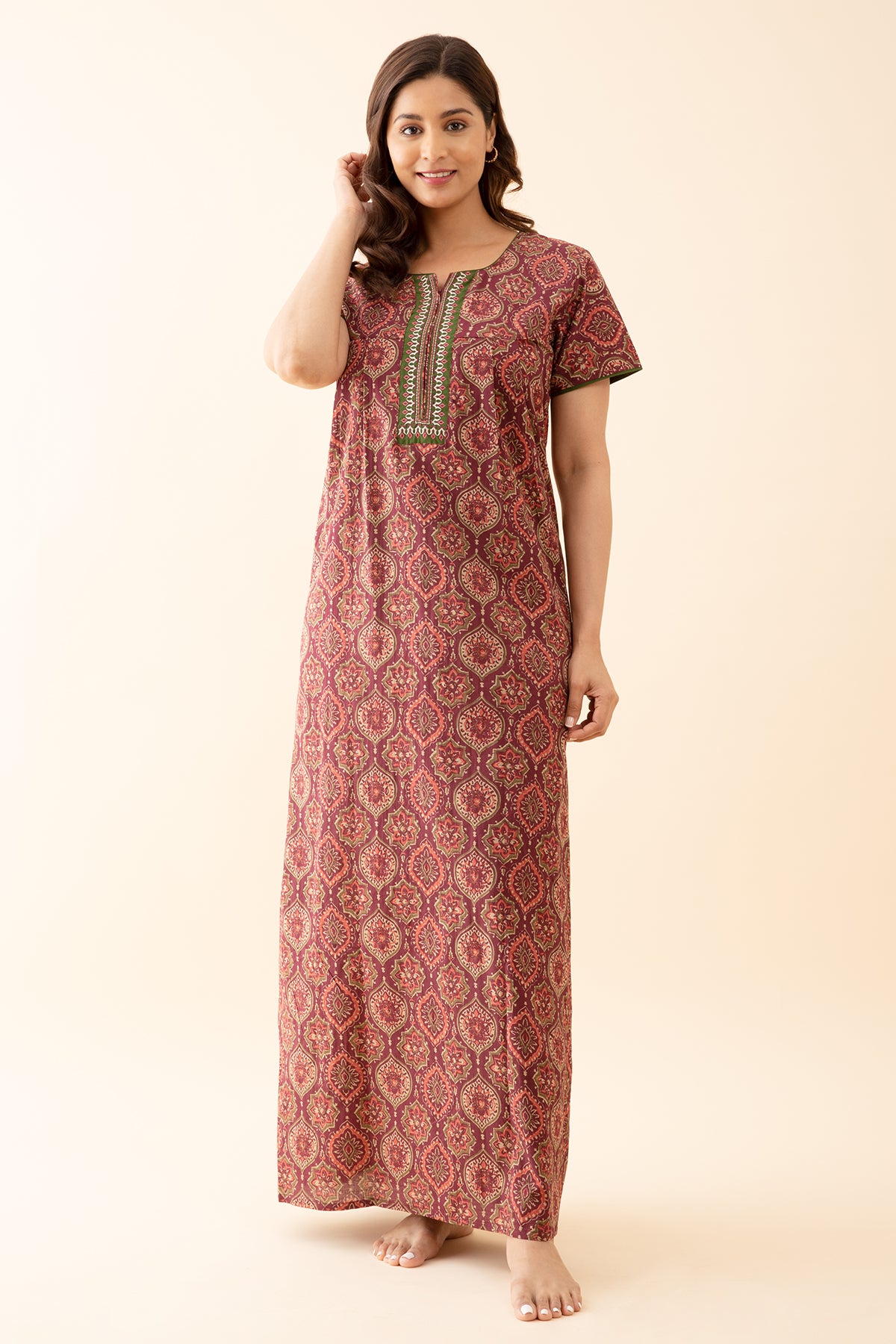 Floral Printed Nighty with Contrast Embroidered Yoke - Maroon