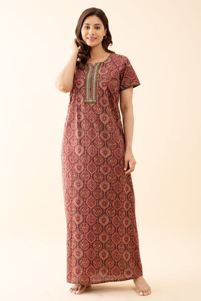 Floral Printed Nighty with Contrast Embroidered Yoke Maroon
