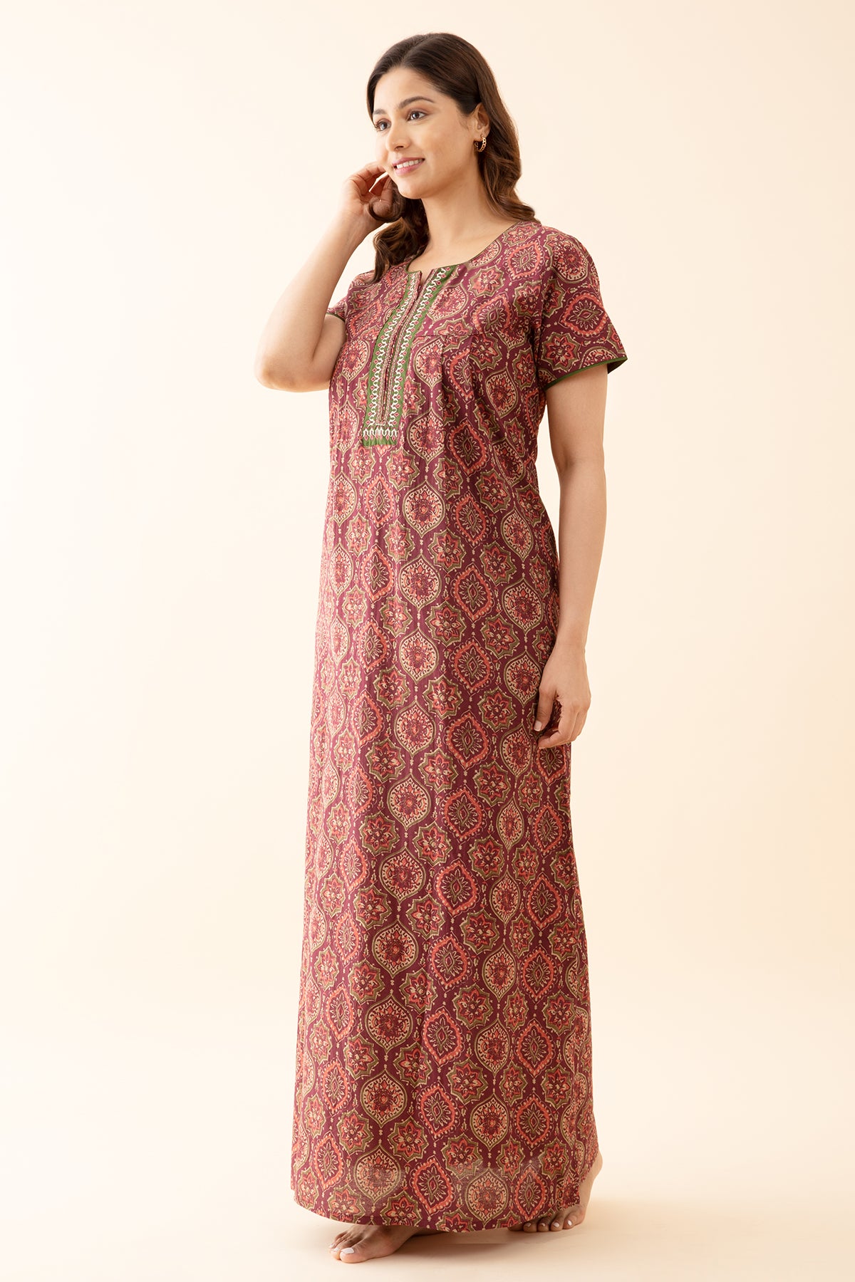 Floral Printed Nighty with Contrast Embroidered Yoke Maroon