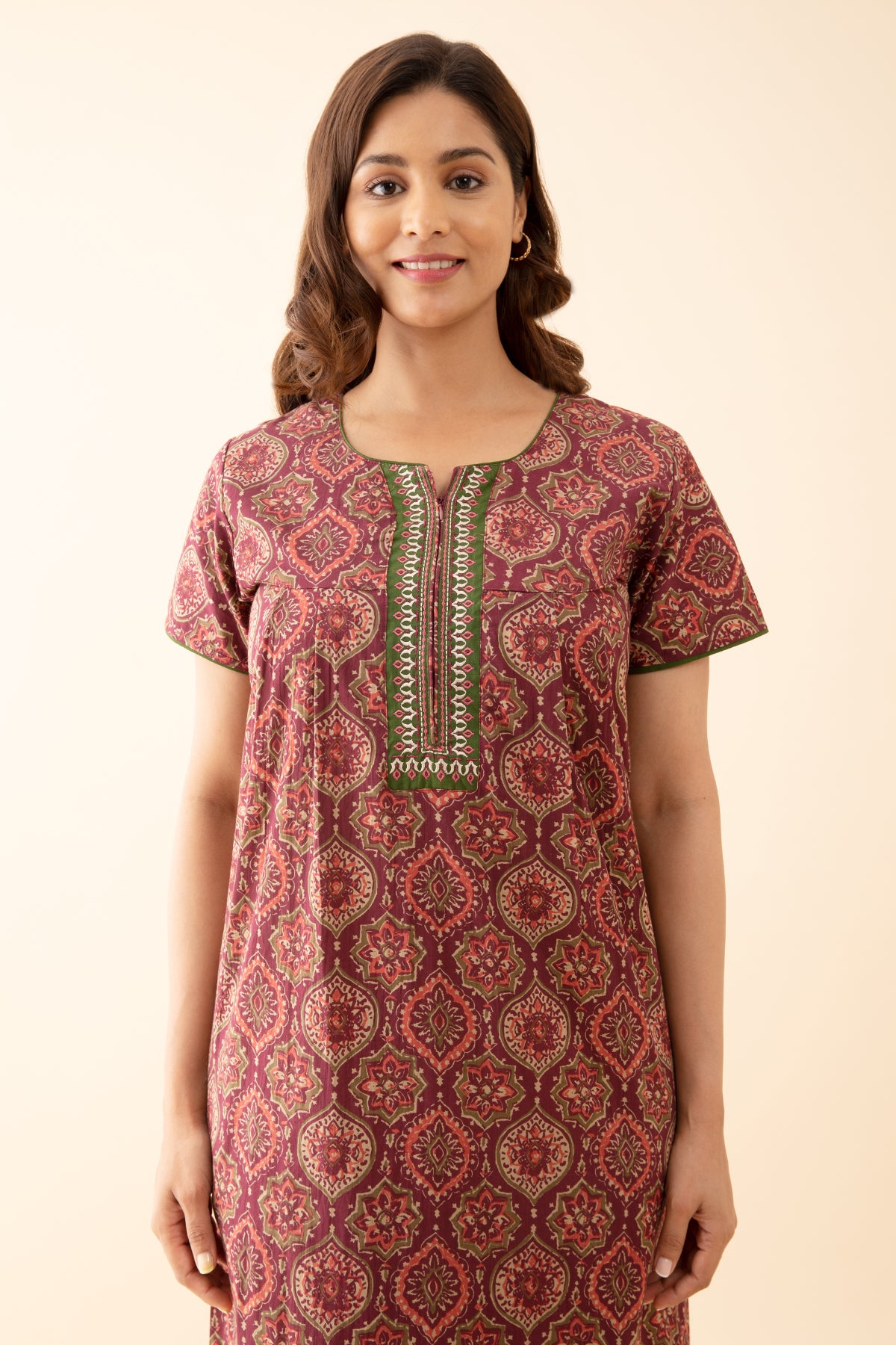 Floral Printed Nighty with Contrast Embroidered Yoke - Maroon