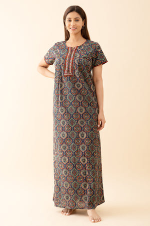 Floral Printed Nighty with Contrast Embroidered Yoke Navy
