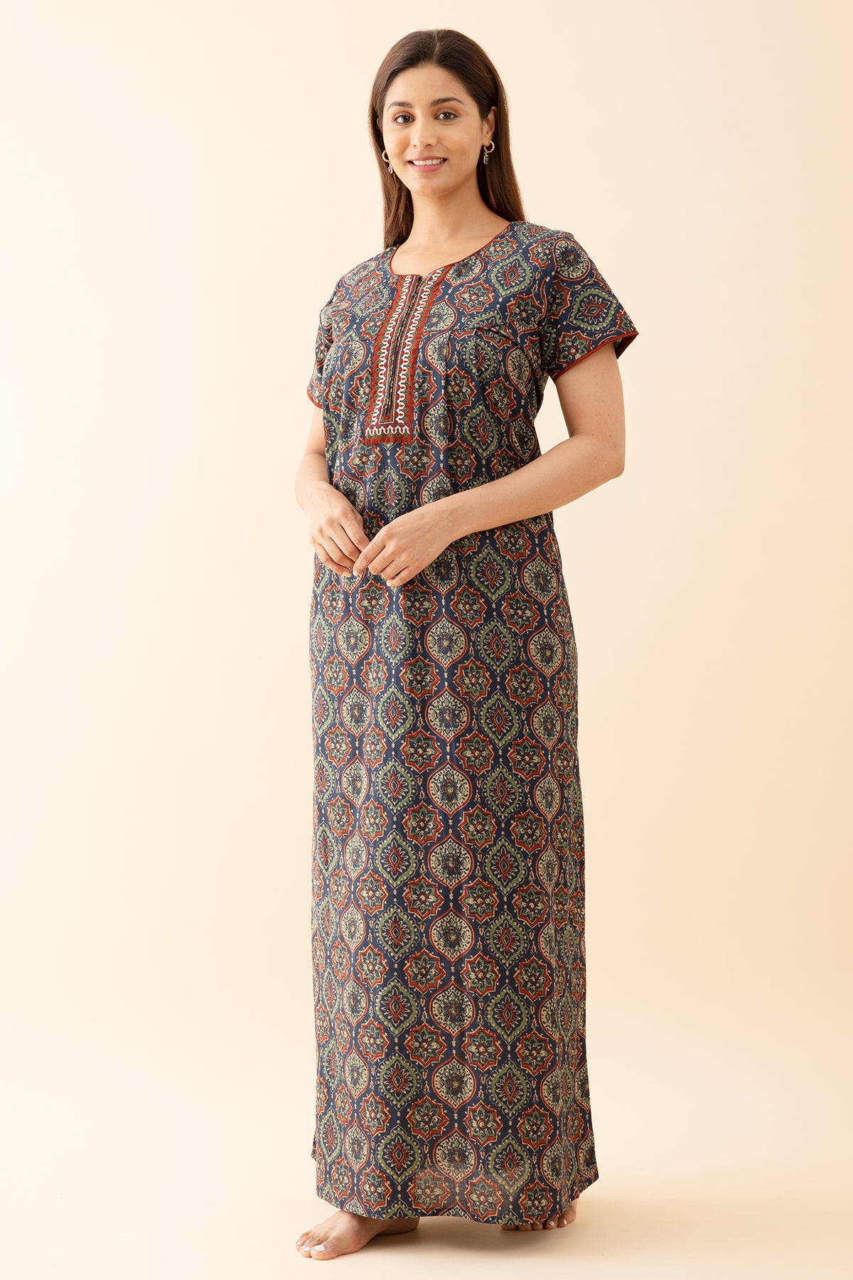 Floral Printed Nighty with Contrast Embroidered Yoke Navy
