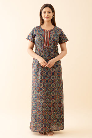 Floral Printed Nighty with Contrast Embroidered Yoke Navy
