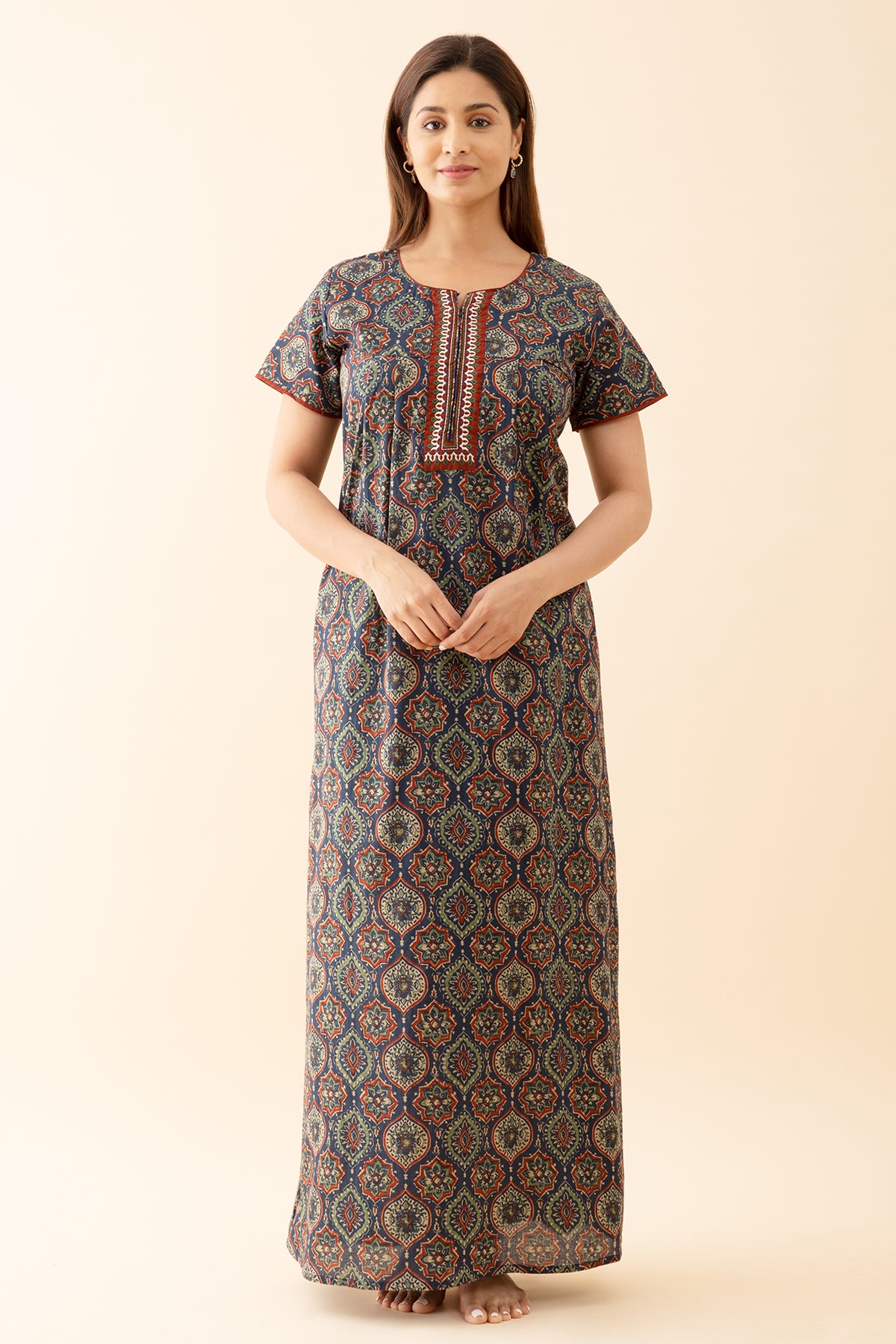 Floral Printed Nighty with Contrast Embroidered Yoke - Navy