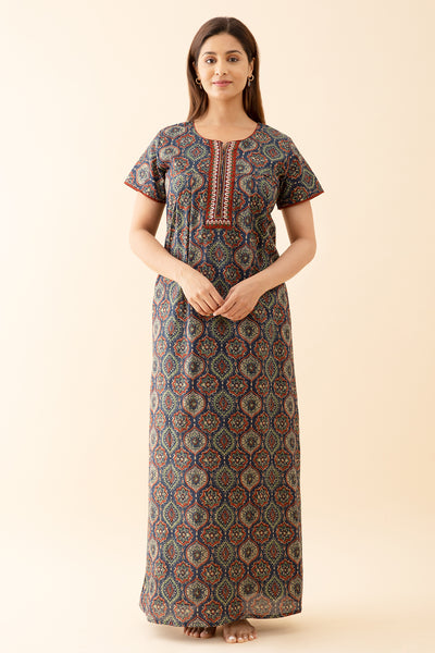 Floral Printed Nighty with Contrast Embroidered Yoke - Navy