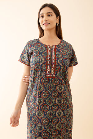 Floral Printed Nighty with Contrast Embroidered Yoke Navy
