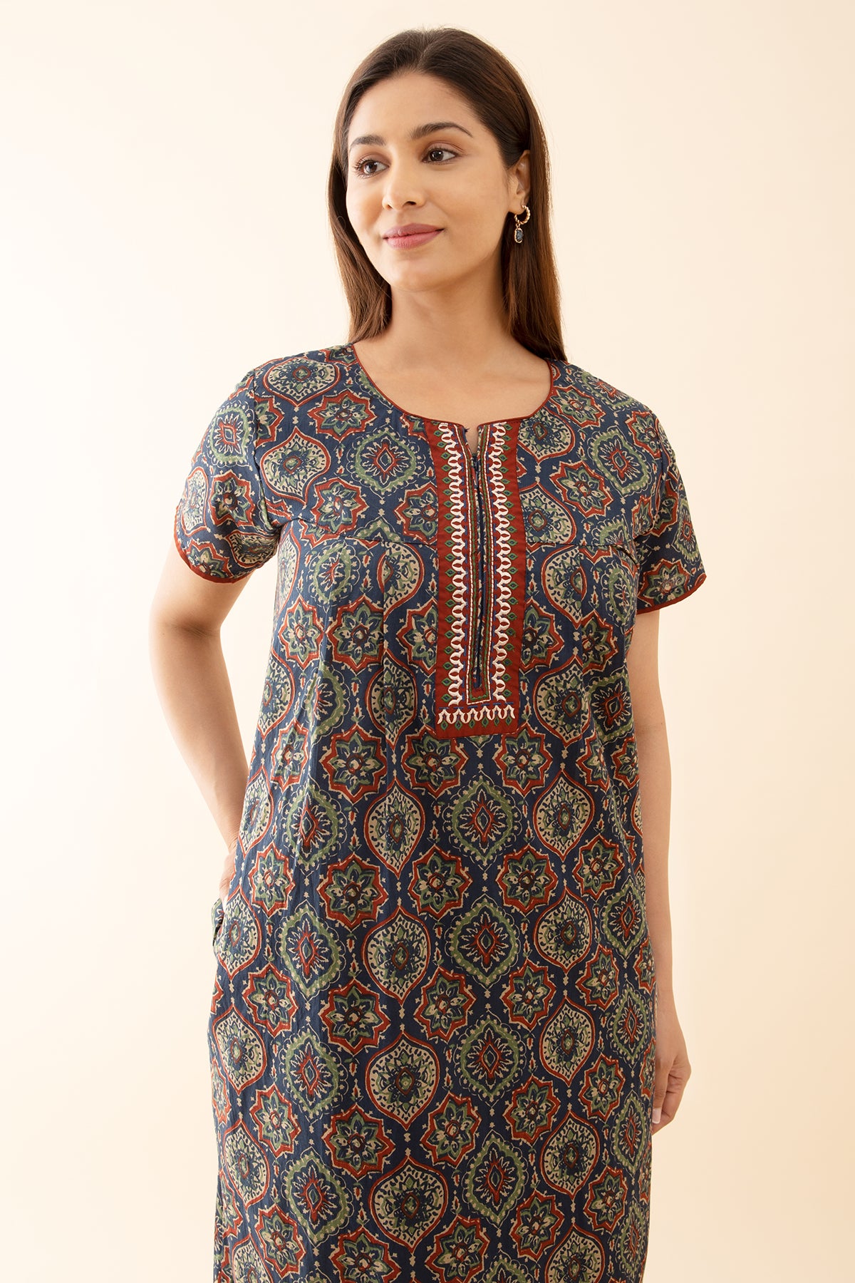 Floral Printed Nighty with Contrast Embroidered Yoke Navy
