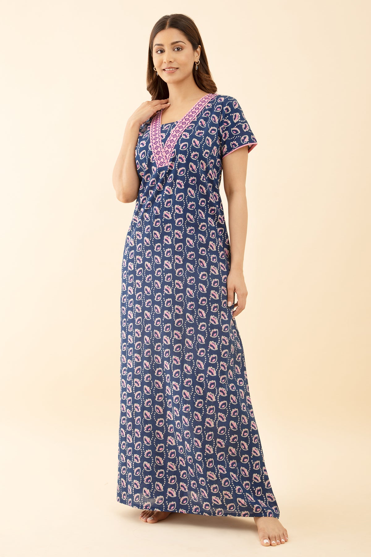 Blue Floral Nighty: Printed V-Neck Style