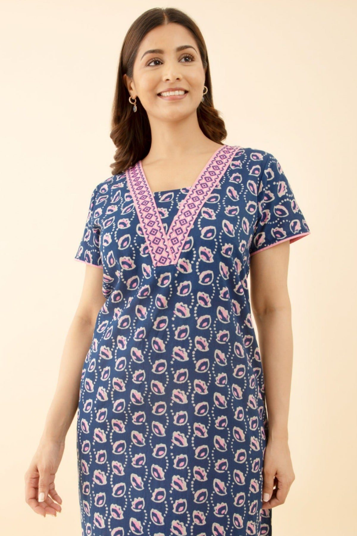 Blue Floral Nighty: Printed V-Neck Style
