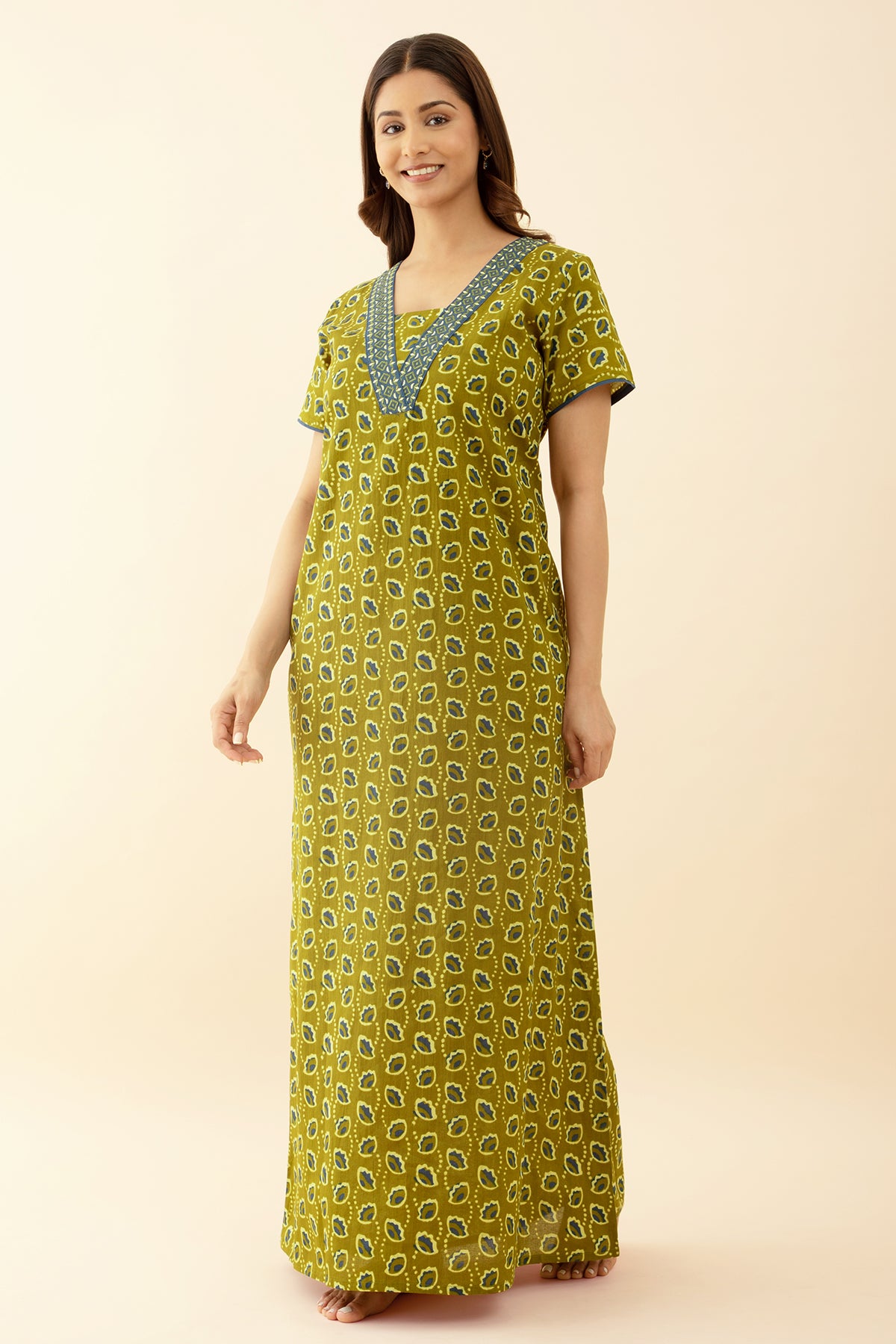 Floral Printed Embroidered Green V-Neck Nighty