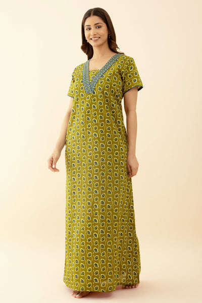Floral Printed Embroidered Green Color Nighty