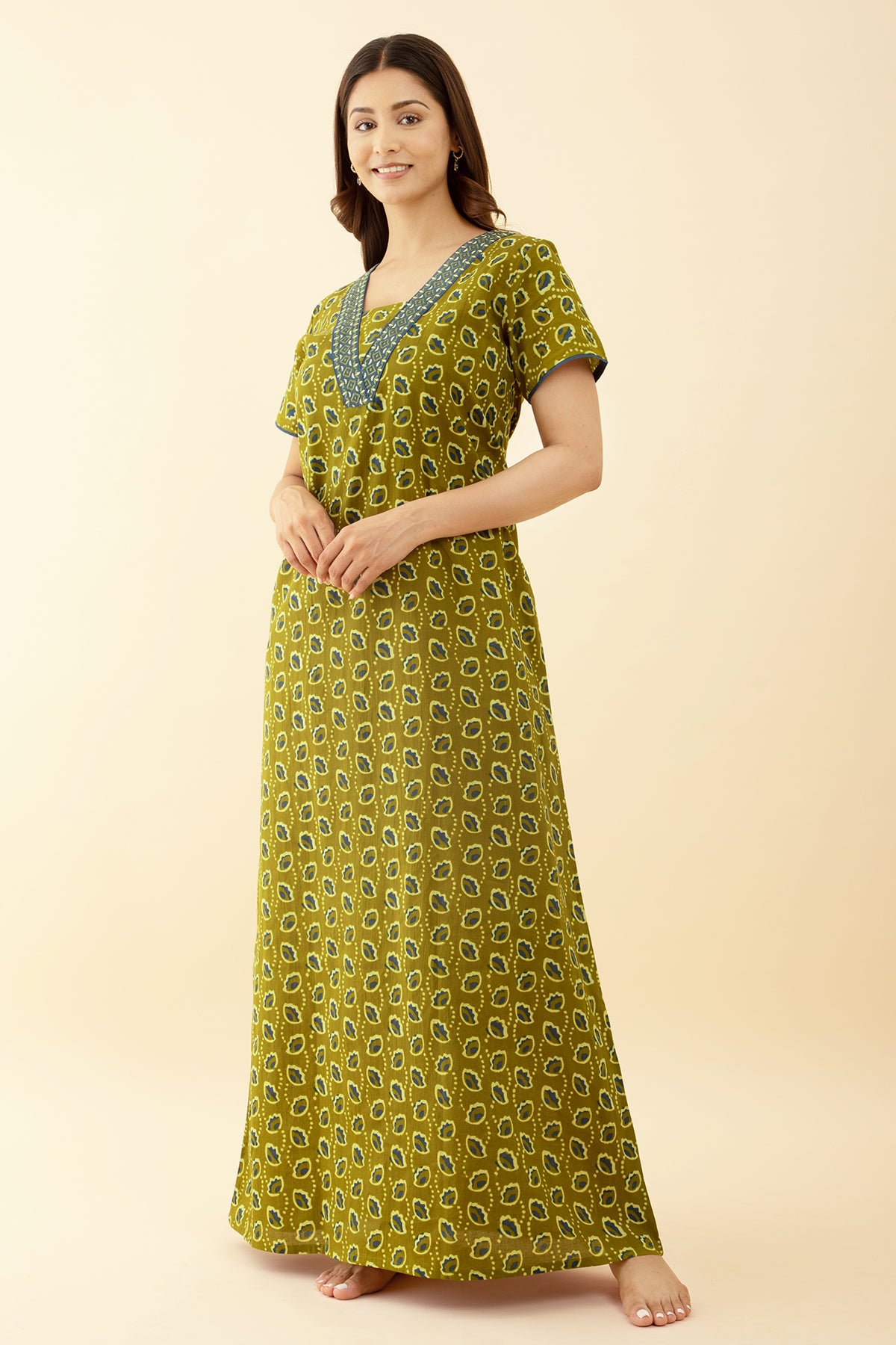Floral Printed Embroidered Green V-Neck Nighty