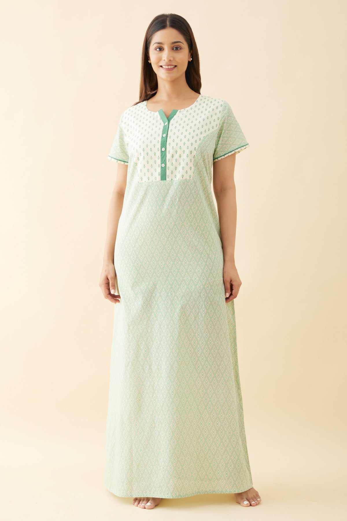 Geometric Printed Nighty with Floral Printed Yoke and Golden Foil Prints Green
