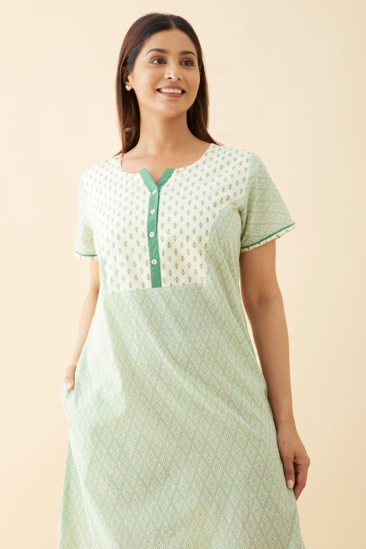 Geometric Printed Nighty with Floral Printed Yoke and Golden Foil Prints Green
