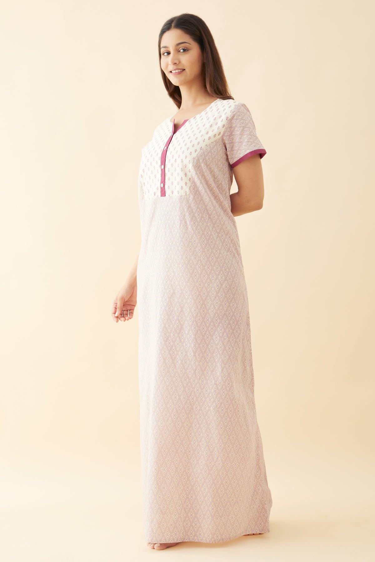 Geometric Printed Nighty with Floral Printed Yoke and Golden Foil Prints Purple
