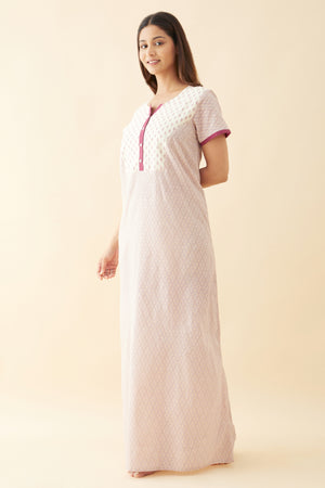 Geometric Printed Nighty with Floral Printed Yoke and Golden Foil Prints Purple
