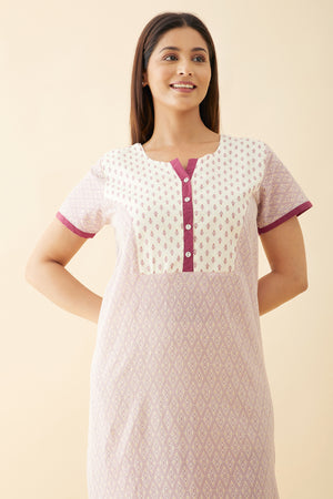 Geometric Printed Nighty with Floral Printed Yoke and Golden Foil Prints Purple
