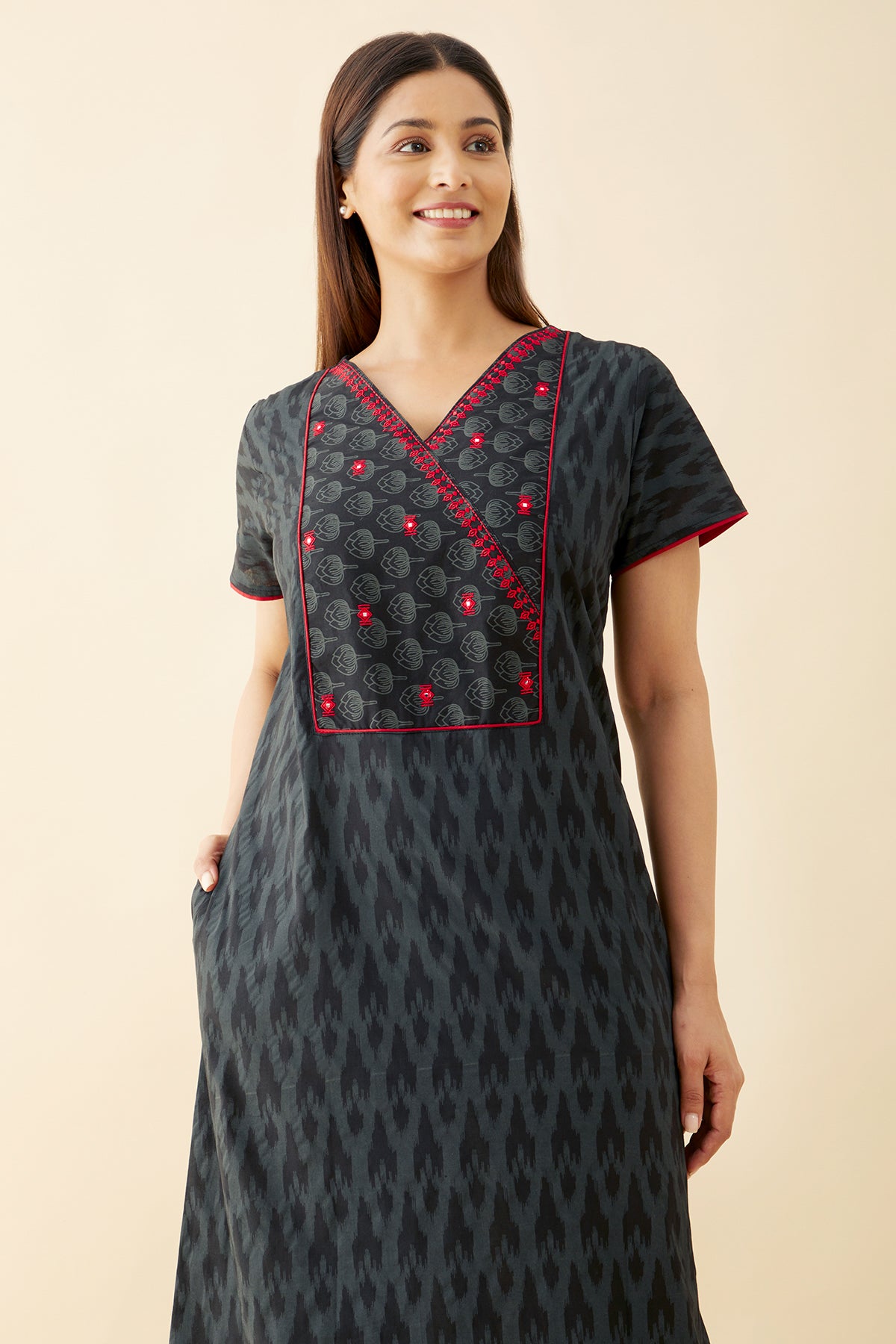 Ikkat Printed Nighty with Contrast Floral Printed Yoke with Foil Mirror Embellishment Black