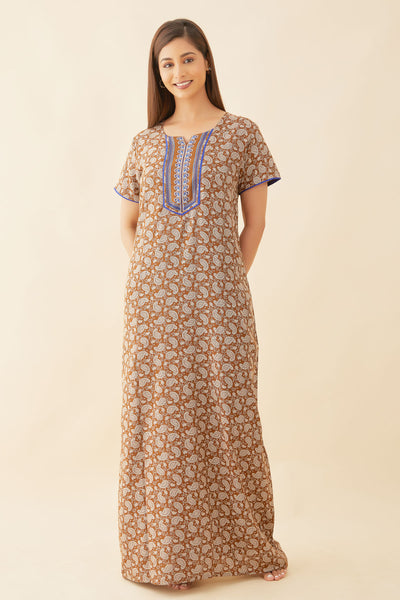 All Over Paisley Motif Print With Contrast Embroidered Yoke Nighty - Brown