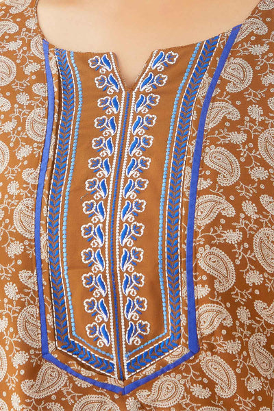 All Over Paisley Motif Print With Contrast Embroidered Yoke Nighty - Brown