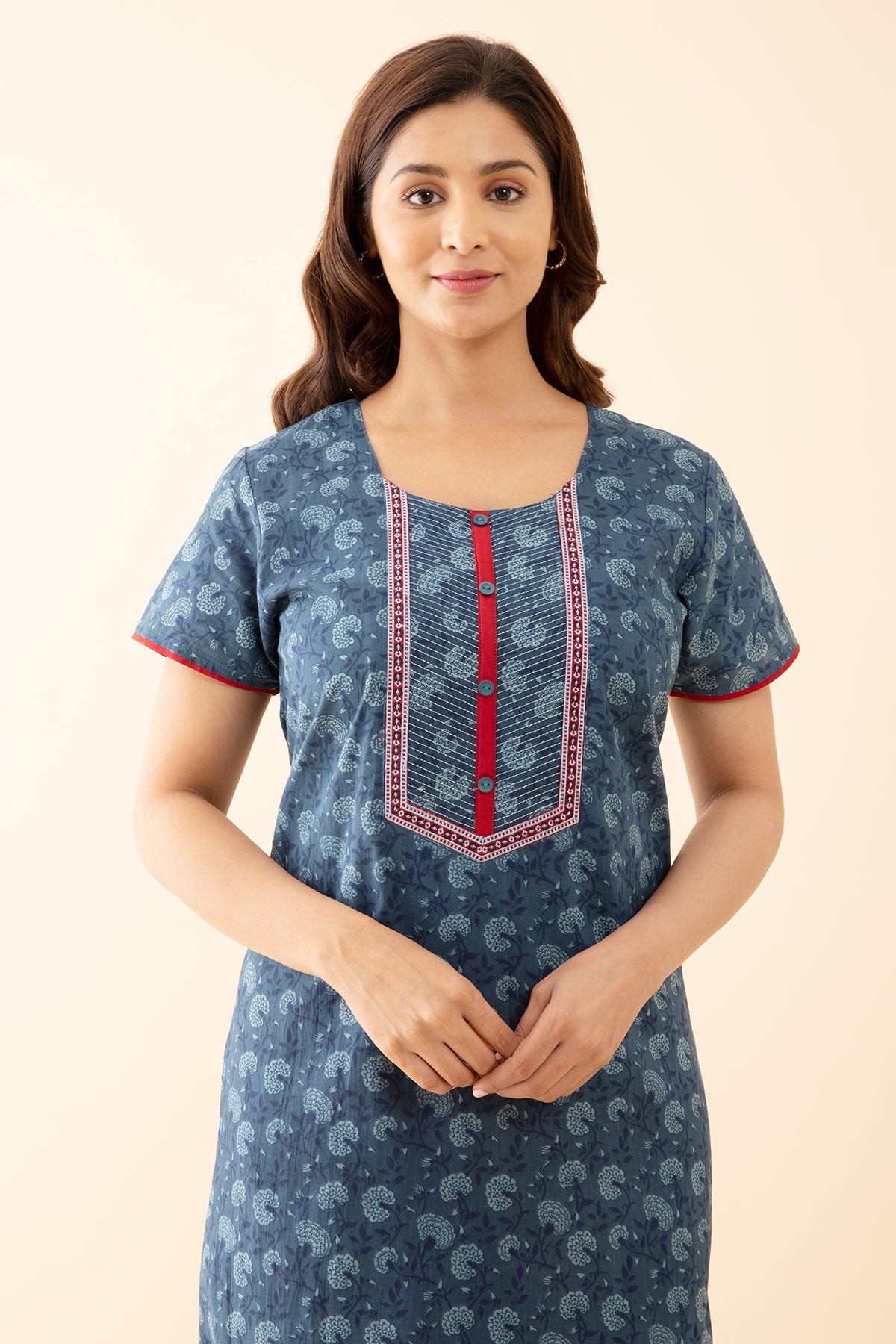 All Over Monochromatic Floral Printed Nighty with Embroidered Yoke Blue