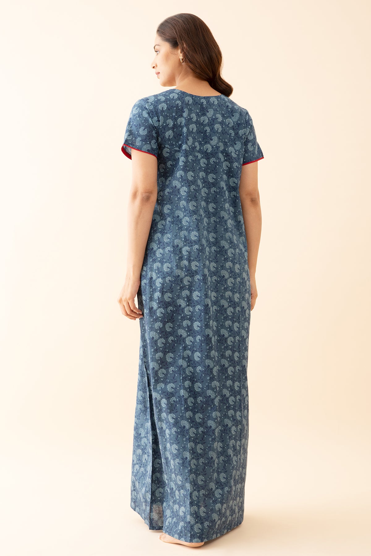 All Over Monochromatic Floral Printed Nighty with Embroidered Yoke Blue
