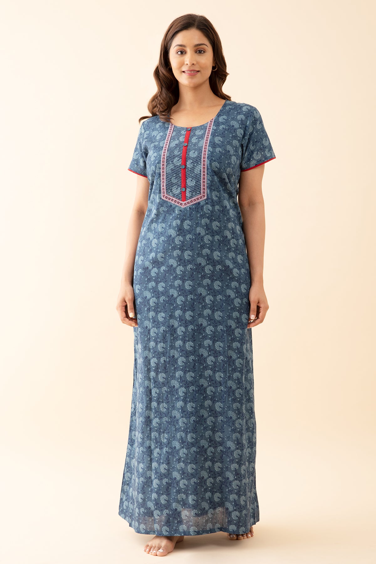 All Over Monochromatic Floral Printed Nighty with Embroidered Yoke Blue