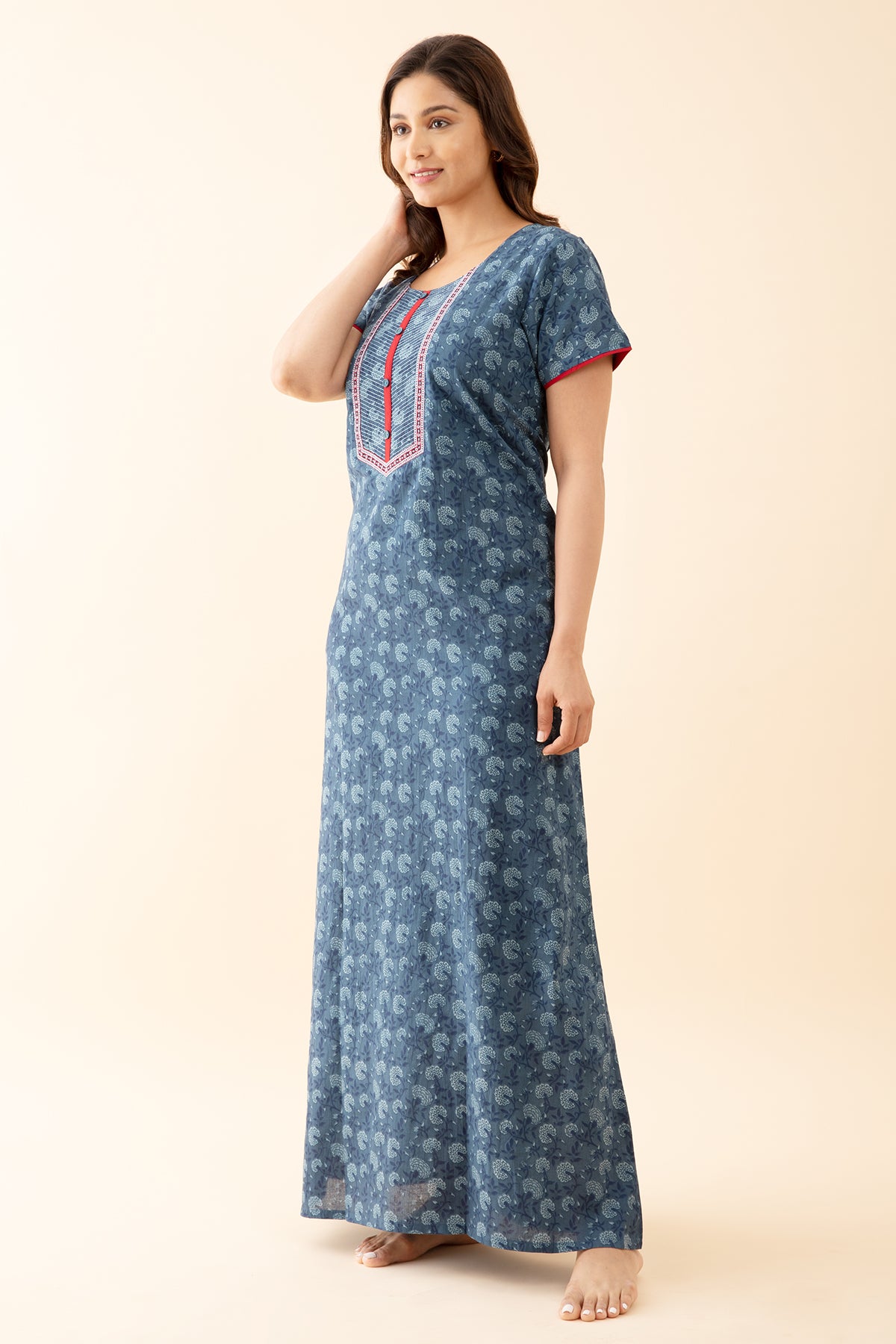 All Over Monochromatic Floral Printed Nighty with Embroidered Yoke Blue
