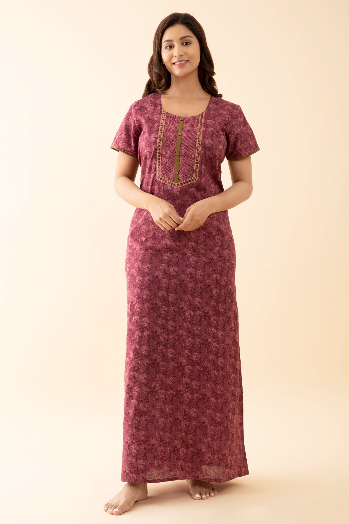 All Over Monochromatic Floral Printed Nighty with Embroidered Yoke Pink