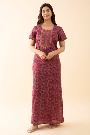 All Over Monochromatic Floral Printed Nighty with Embroidered Yoke Pink
