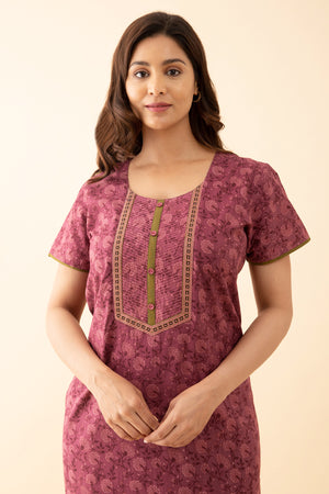 All Over Monochromatic Floral Printed Nighty with Embroidered Yoke Pink
